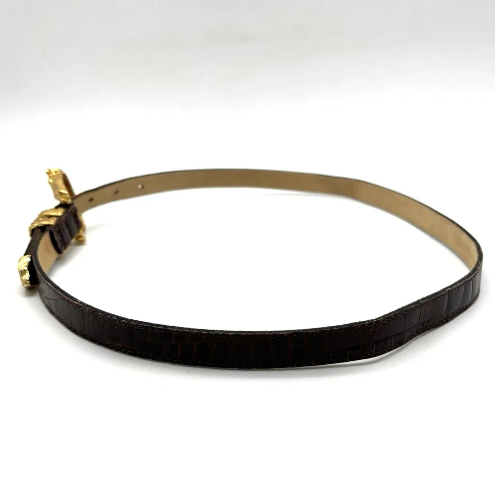 1980s Streets Ahead 32920 Brown Croc Emboss Leather Horsehead Skinny Belt L 34